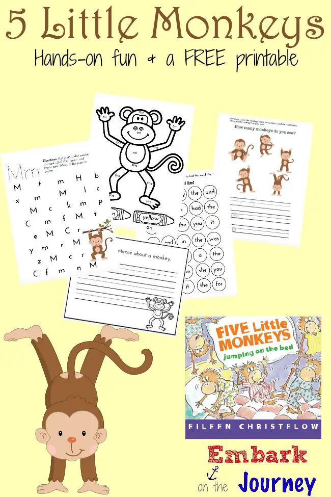 Here's a fun collection of hands-on activities and a FREE monkey-themed printable for PreK-K kiddos! | embarkonthejourney.com