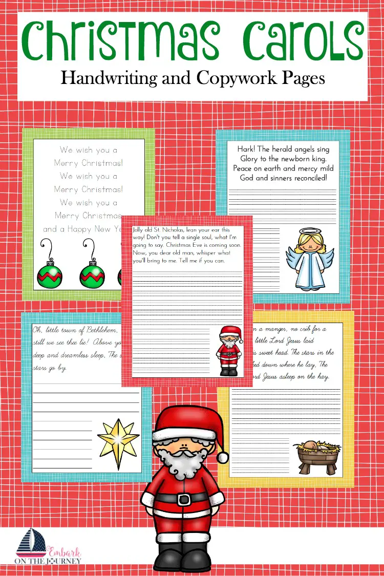 Get your kids in the holiday spirit with these free Christmas Carol copywork and handwriting pages. This pack features four popular carols with print and cursive pages. | embarkonthejourney.com