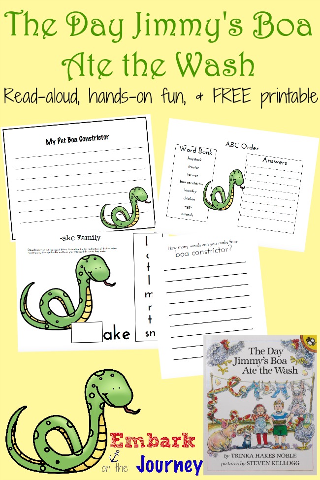 Read-aloud activities, hands-on fun, and a FREE printable for The Day Jimmy's Boa Ate the Wash | embarkonthejourney.com
