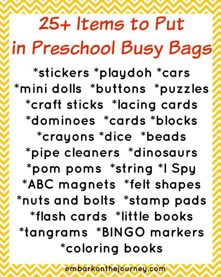 Take this list with you to the store, and you'll have everything you need to get started on your own preschool busy bags! | embarkonthejourney.com