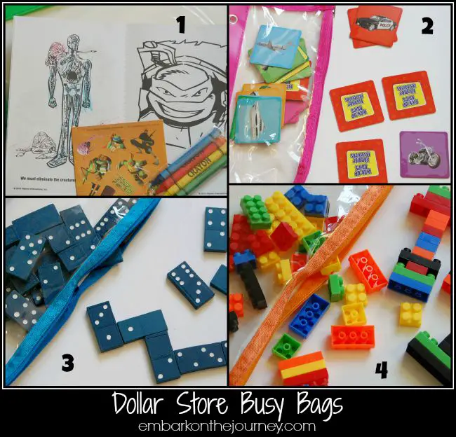 With a few items I had on-hands and a trip to the Dollar Store, I made 9 busy bags to entertain my 4yo nephew for a week-long visit! | embarkonthejourney.com