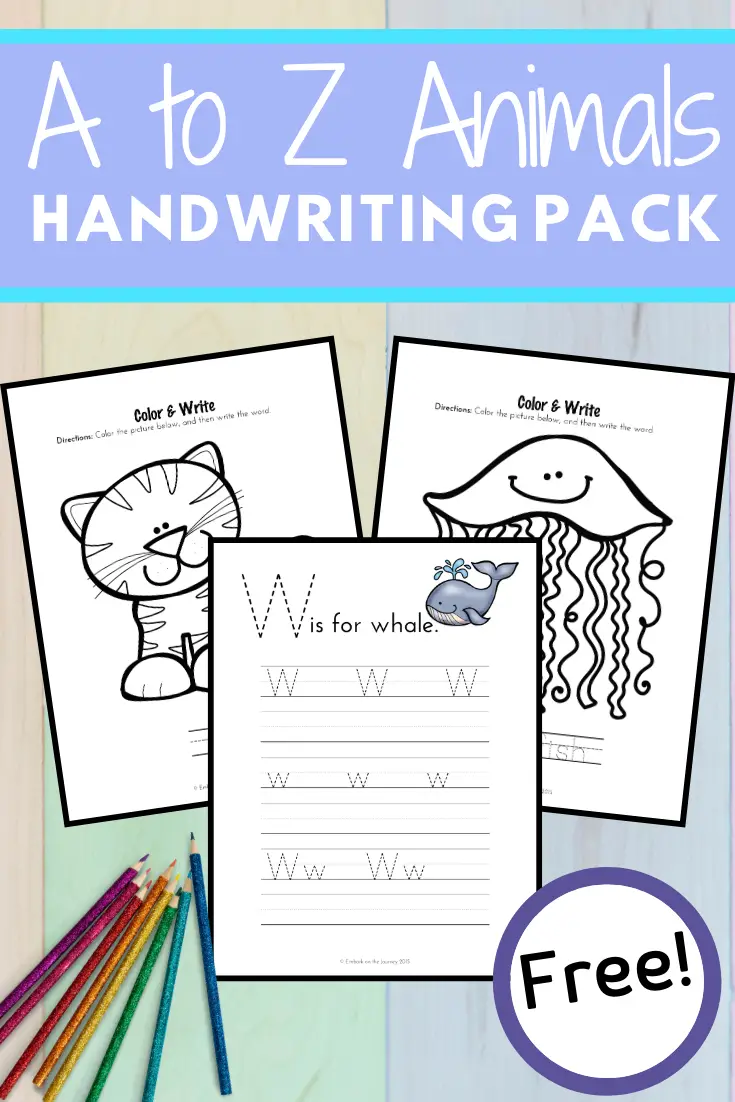 It's so much fun to practice handwriting with these A to Z Animals homeschool handwriting pages! Color, trace, and write!