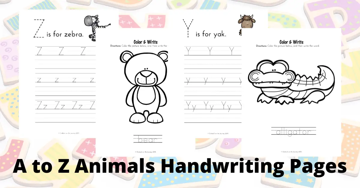 It's so much fun to practice handwriting with these A to Z Animals homeschool handwriting pages! Color, trace, and write!