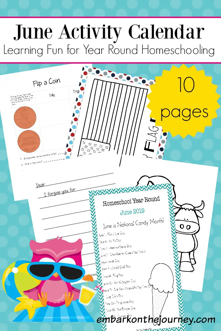 This June Activity Calendar features educational activity pages for year round homeschooling fun!