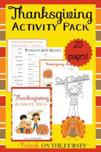 Add a little holiday fun to your homeschool lessons with this Thanksgiving printable activity pack! | embarkonthejourney.com